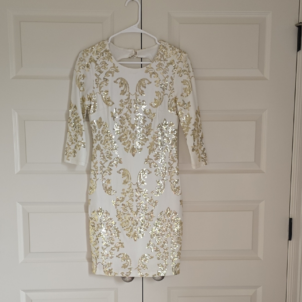 B Darlin White and Gold Sequin Long Sleeve Dress